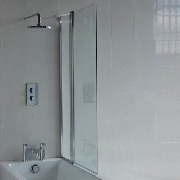 Cleargreen 6mm glass hinged bath screen with fixed panel, clear safety glass and anodized aluminum frame installed on bathtub.