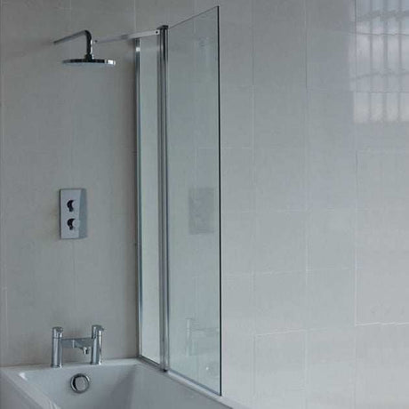 Cleargreen 6mm glass hinged bath screen with fixed panel, clear safety glass and anodized aluminum frame installed on bathtub.