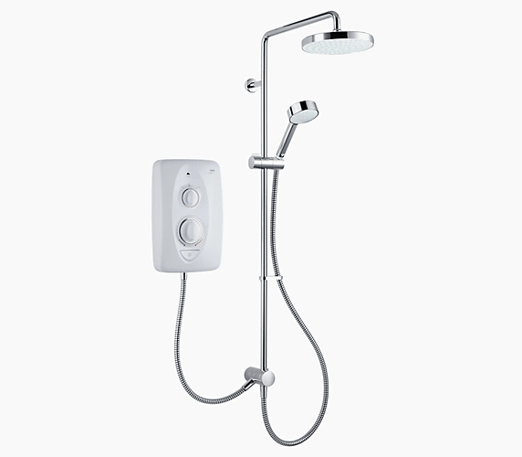 Mira Jump Dual Multi-Fit 10.8 kW white electric shower with dual shower heads and temperature control