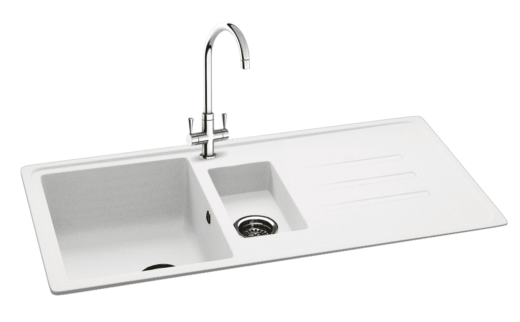 CARRON PHOENIX DEBUT 150 polar white granite kitchen sink with 1.5 bowls and modern chrome faucet