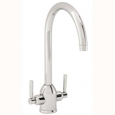 Carron Phoenix Dante dual lever kitchen tap in brushed nickel with high-arc spout and modern design
