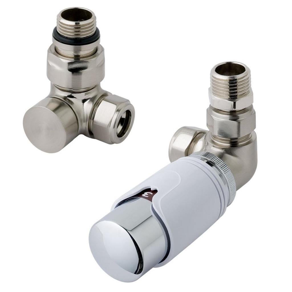 Eastbrook Corner Thermostatic Radiator Valves and Lockshield 15mm - Nickel / White - 12.035 - TAP 'N' SHOWER