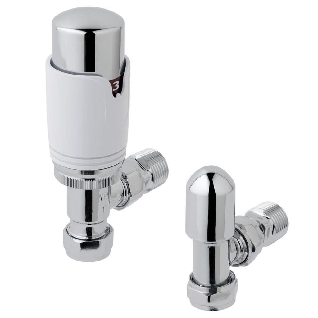 Eastbrook Biava Angled Thermostatic Radiator Valves and Lockshield 15mm - Chrome / White - 12.047 - TAP 'N' SHOWER