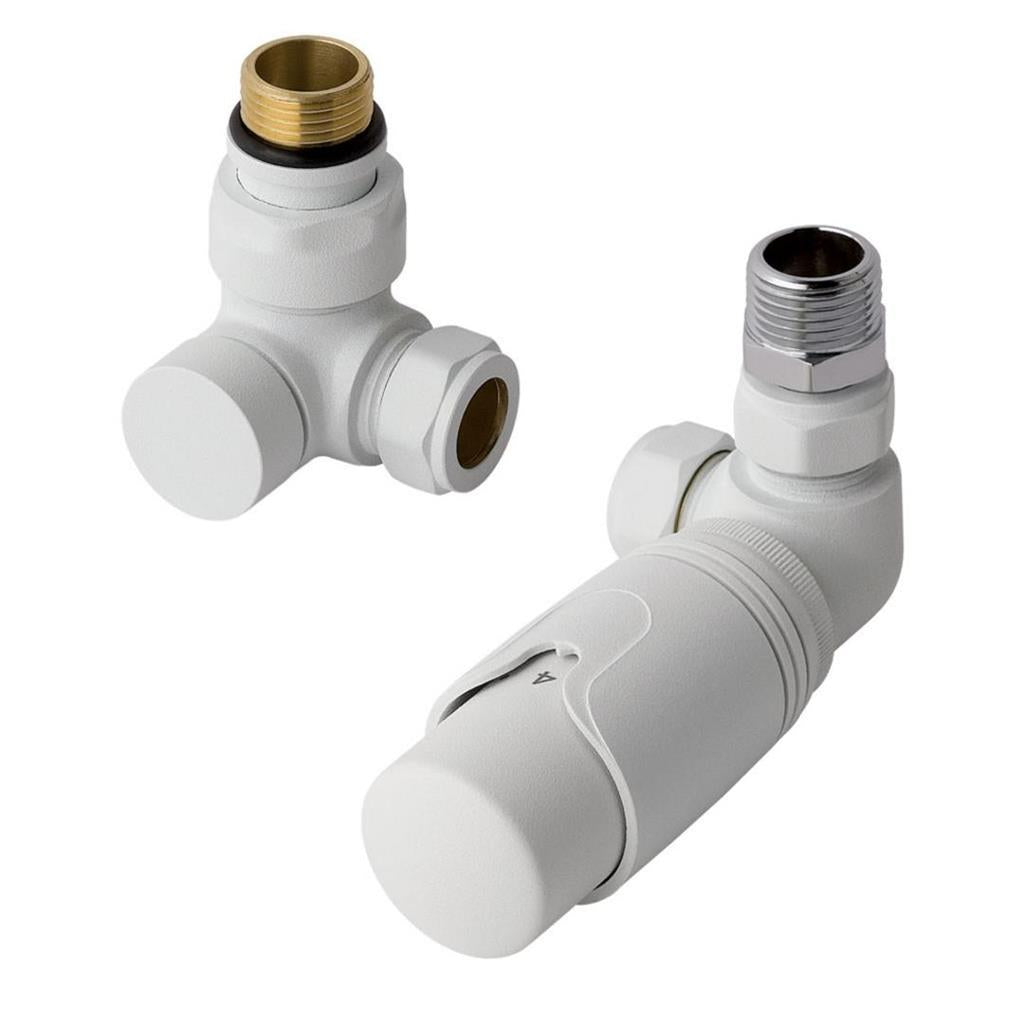 Eastbrook Corner Thermostatic Radiator Valves and Lockshield 15mm - Matt White - 12.053 - TAP 'N' SHOWER