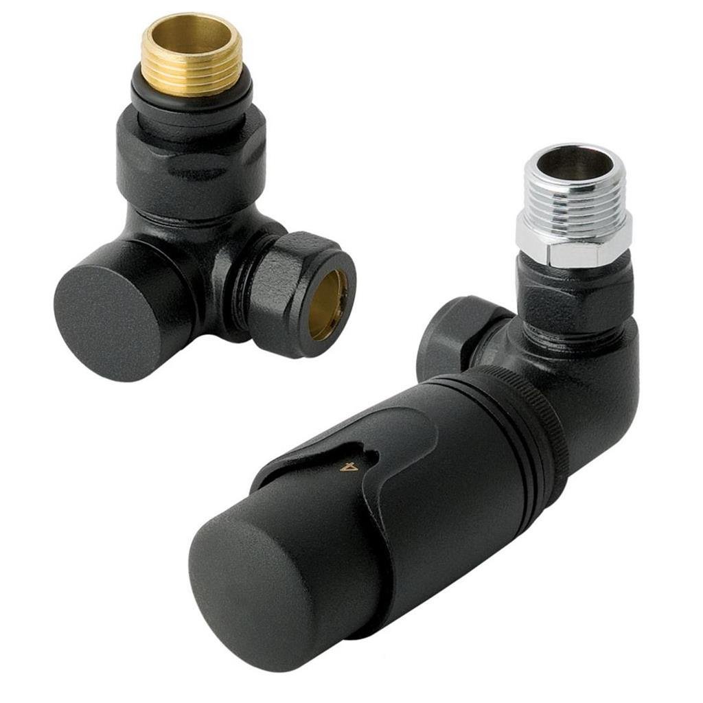 Eastbrook Corner Thermostatic Radiator Valves and Lockshield 15mm - Matt Black - 12.057 - TAP 'N' SHOWER