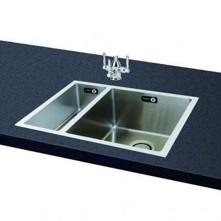CARRON PHOENIX DECA 150 stainless steel 1.5 bowl kitchen sink with left-hand small bowl design installed in countertop