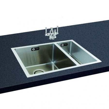 CARRON PHOENIX DECA 150 stainless steel 1.5 bowl kitchen sink with right-hand small bowl installed in black countertop