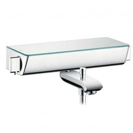 Hansgrohe Ecostat Select chrome thermostatic bath mixer with exposed installation and sleek modern design