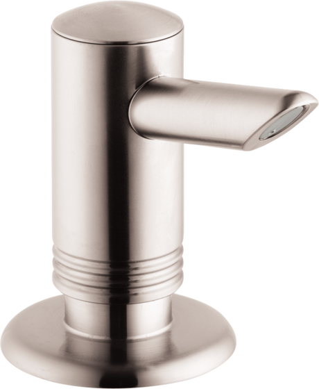 Hansgrohe Soap Dispenser in stainless steel optic with sleek modern design and durable corrosion-resistant finish.