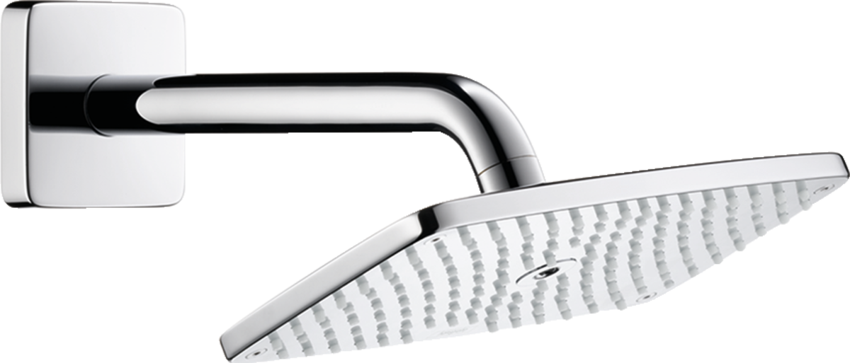 Hansgrohe Raindance E Overhead Shower 240 with wall-mounted chrome shower arm and large square rainfall showerhead