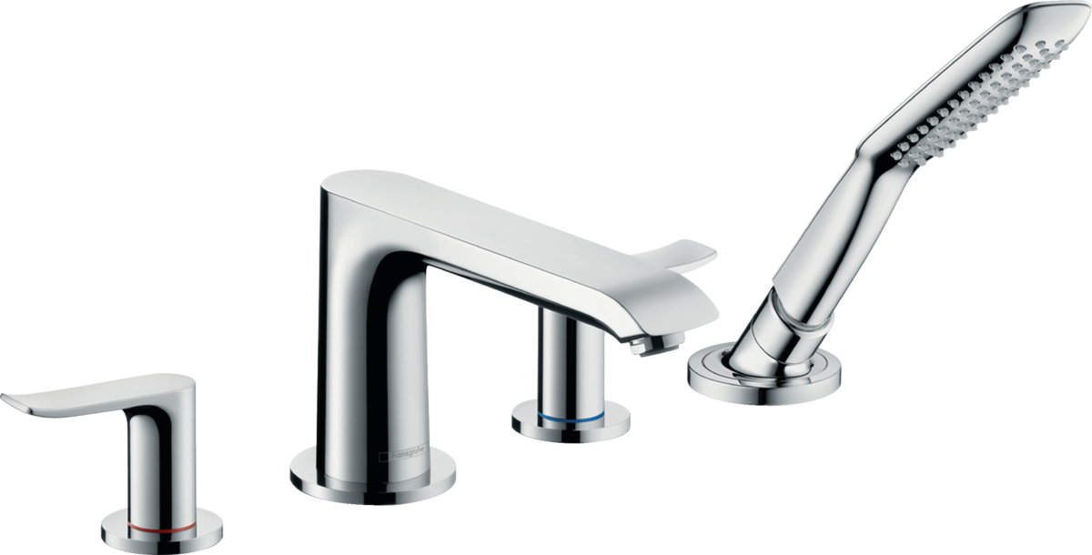 Hansgrohe Metris 4-hole rim-mounted chrome bath mixer with ceramic cartridge and handheld shower.