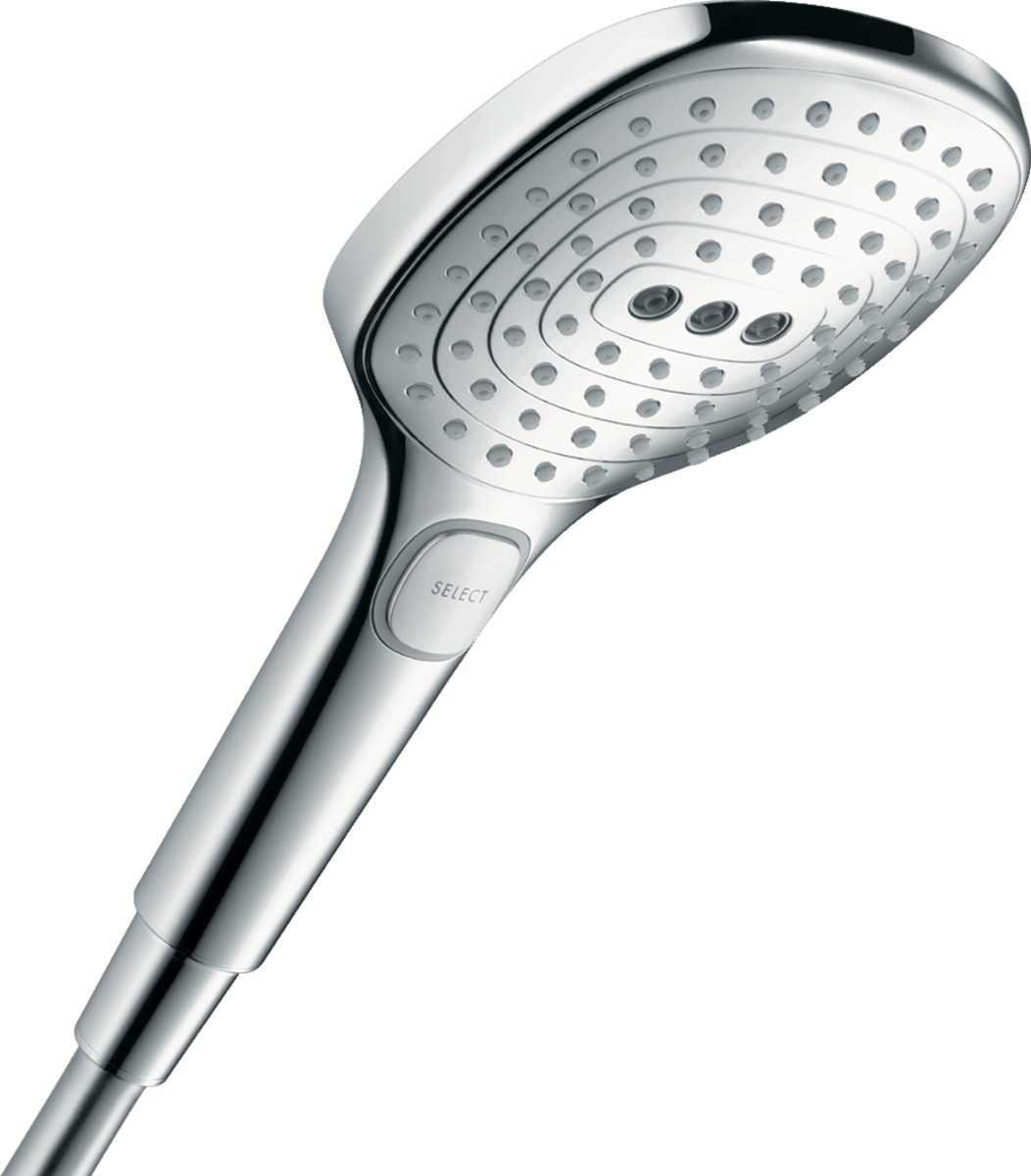 Hansgrohe Raindance Select E Hand Shower in chrome with three spray settings and EasySelect button