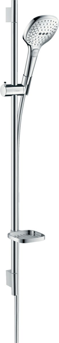 Hansgrohe Raindance Select E chrome shower set with 3 spray modes, 90 cm rail, and soap dish