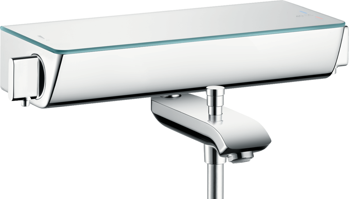 Hansgrohe Ecostat Select thermostatic bath mixer in white and chrome for exposed installation with sleek modern design and precise temperature control.