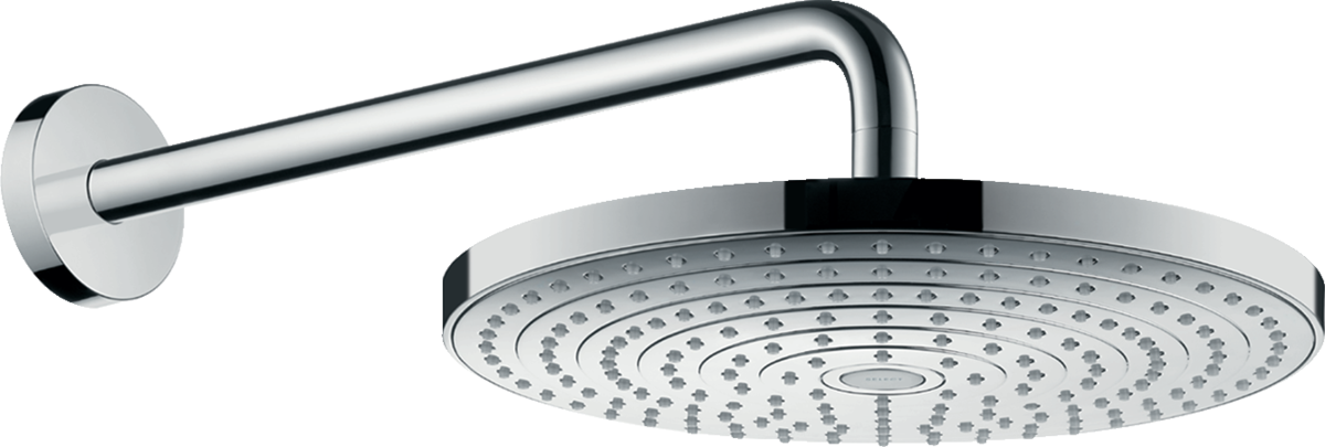Hansgrohe Raindance Select S chrome overhead shower with 300mm round showerhead and shower arm, featuring two spray modes and QuickClean anti-limescale function.