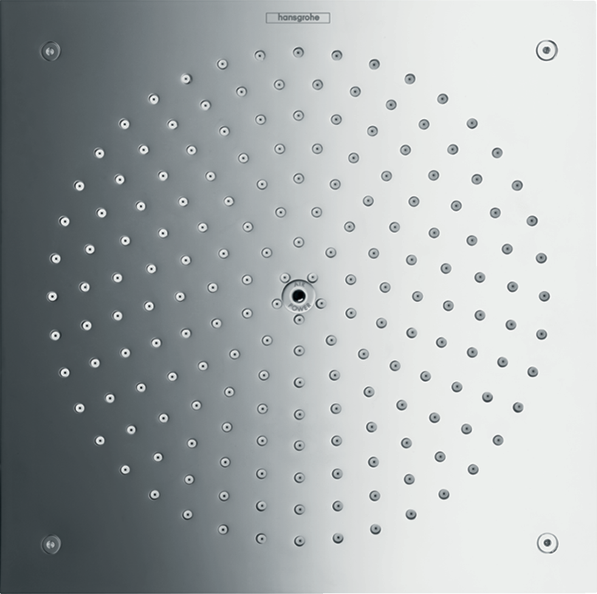 Hansgrohe Raindance overhead shower in chrome finish with 260x260mm square showerhead and multiple nozzles for a soft rain shower experience.