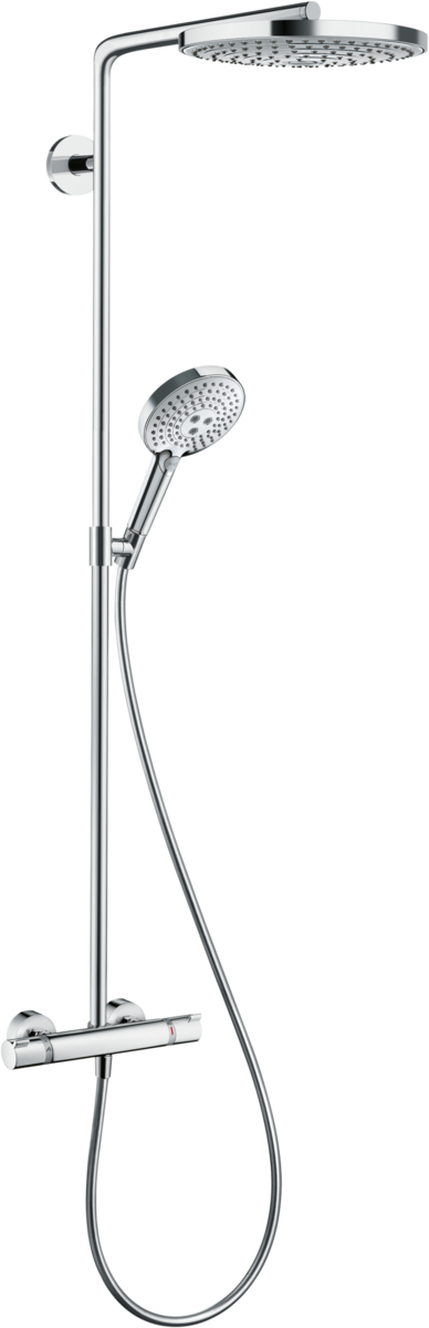 Hansgrohe Raindance Select S Showerpipe with chrome finish, dual spray settings, thermostatic mixer, and handheld showerhead