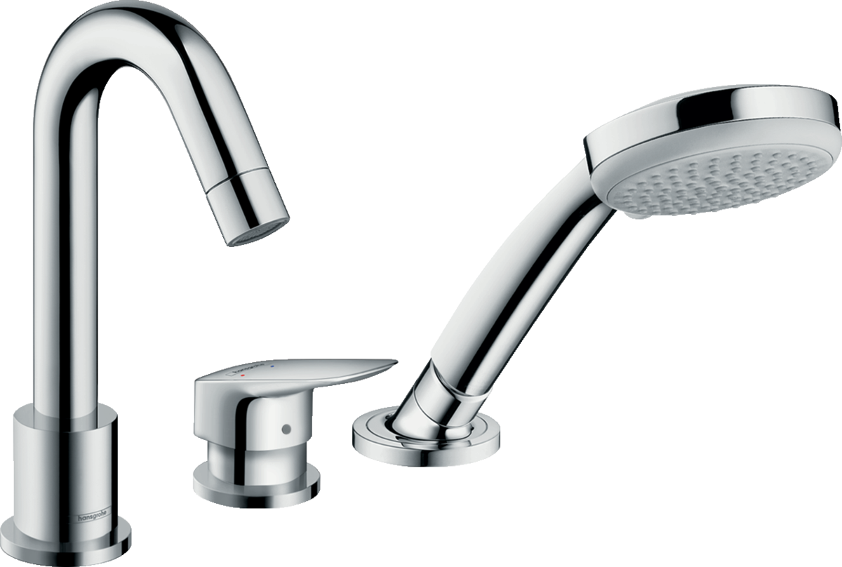 Hansgrohe Logis 3-hole rim-mounted bath mixer in chrome with single lever and hand shower