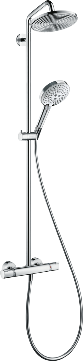 Hansgrohe Raindance S Showerpipe with 240mm overhead rain shower, adjustable height, thermostatic mixer, chrome finish, and hand shower with three jet types.