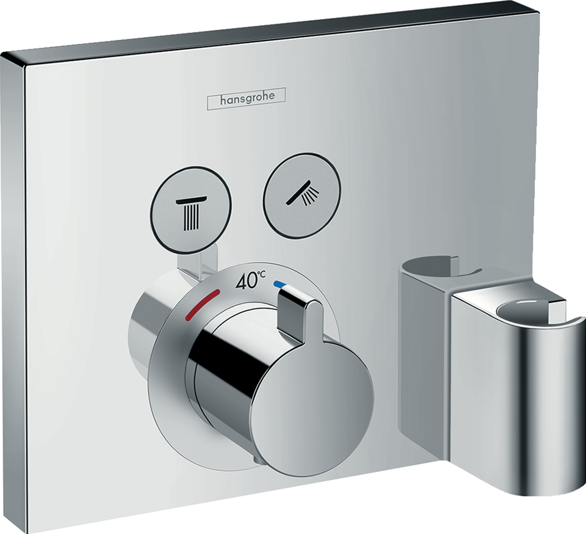 Hansgrohe Showerselect thermostatic mixer with concealed installation, dual outlets, hose connection, shower holder, and chrome finish.