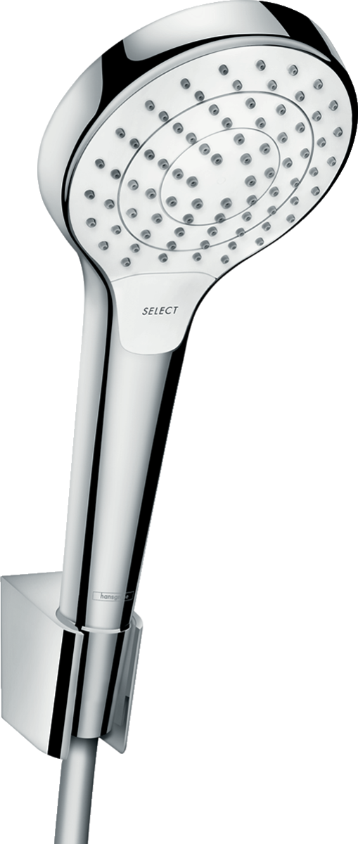 Hansgrohe Croma Select S white and chrome showerhead with select button and hose