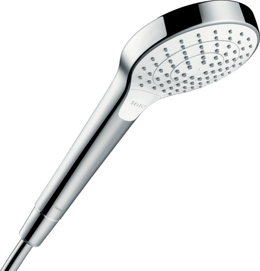 Hansgrohe Croma Select S white and chrome hand shower with three spray settings and EcoSmart technology for water savings