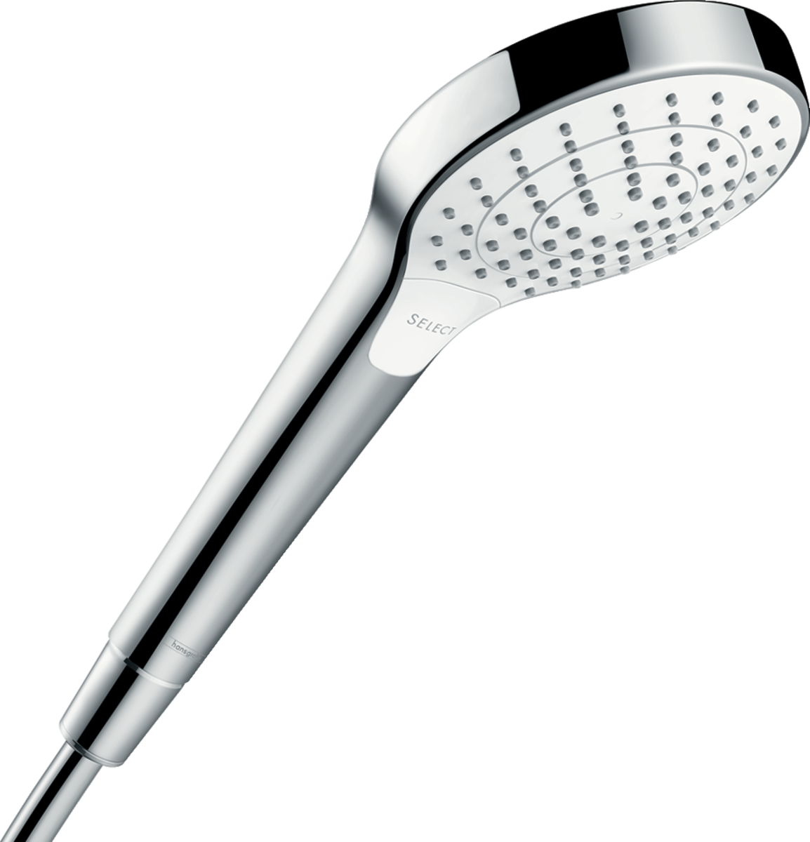 Hansgrohe Croma Select S hand shower in white and chrome with three spray modes and ergonomic design