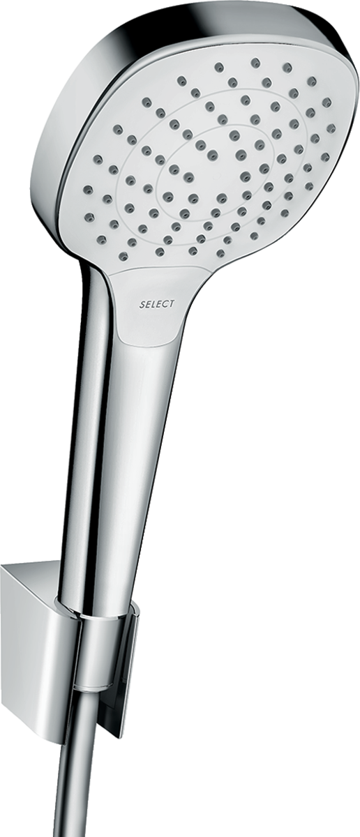 Hansgrohe Croma Select E chrome and white hand shower with Select button and adjustable spray modes