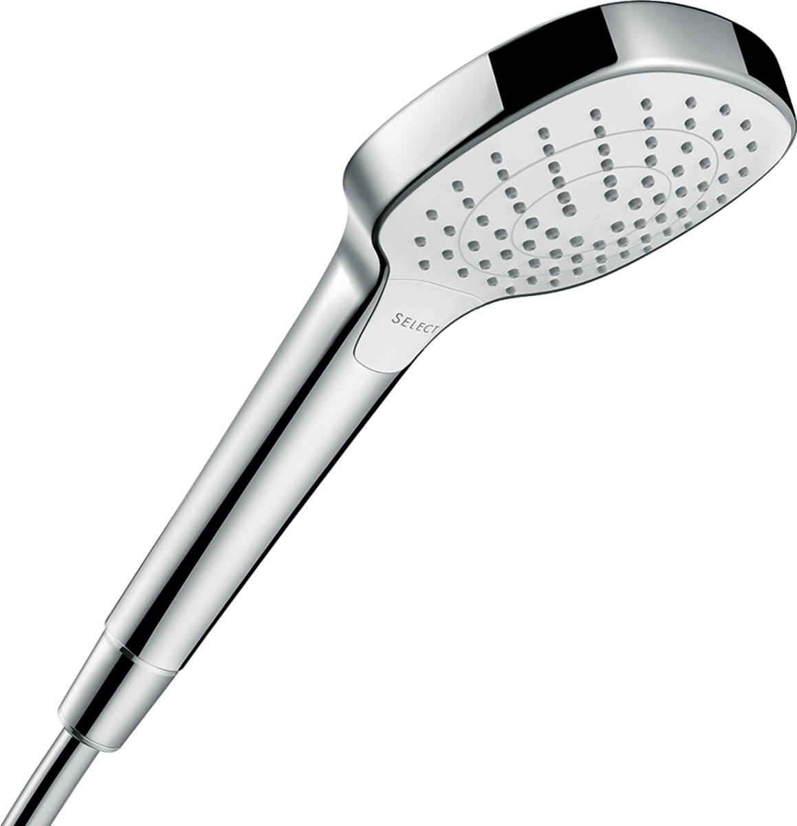 Hansgrohe Croma Select E hand shower in white and chrome with EcoSmart technology and three spray modes for water-efficient luxury showering