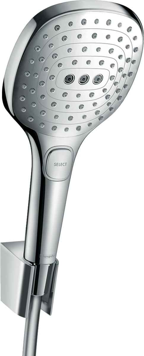 Hansgrohe Raindance Select E chrome shower head with 3 jet types and wall holder