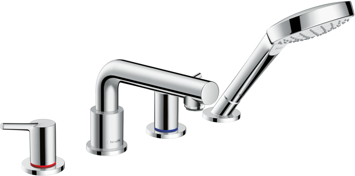 Hansgrohe Talis S 4-hole rim-mounted bath mixer in chrome with handheld shower and sleek modern design.