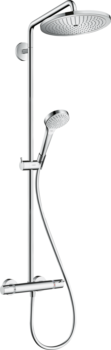 Hansgrohe Croma Select S showerpipe with 280mm rain shower head, hand shower, and thermostatic mixer in white and chrome finish