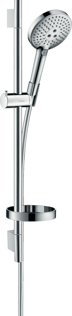 Hansgrohe Raindance Select S chrome shower set with 120mm hand shower, 3 spray modes, 650mm adjustable rail, and soap dish