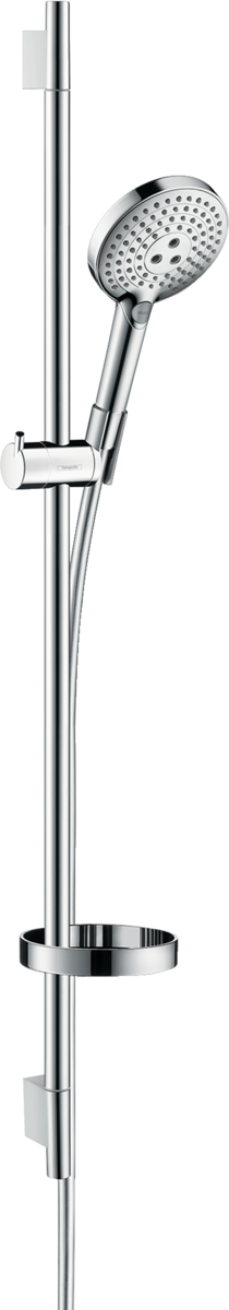 Hansgrohe Raindance Select S chrome shower set with 3 spray modes, adjustable 900mm rail, handheld showerhead, and integrated soap dish