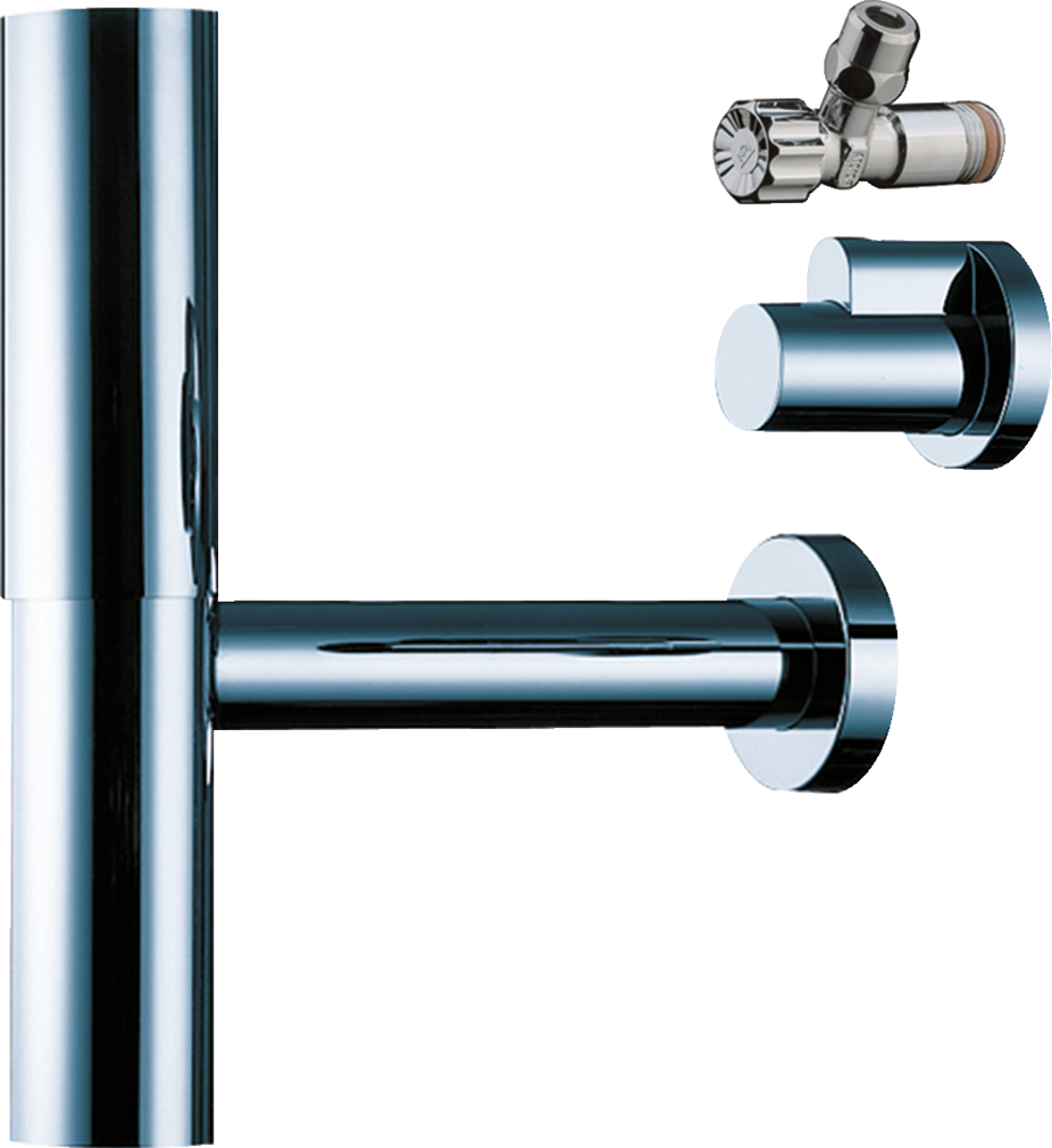 Hansgrohe Bottle Trap Flowstar in polished chrome with adjustable angle valves for bathroom plumbing.