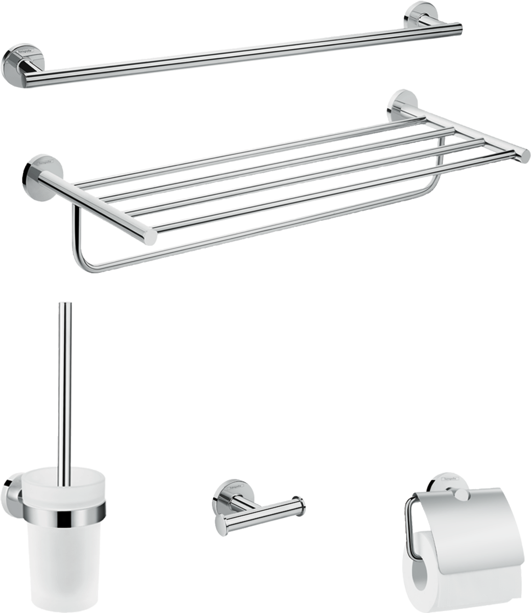 Hansgrohe Logis Universal Bath-accessory 5-in-1 chrome bathroom set with towel rack, toilet brush holder, robe hook, and toilet paper holder