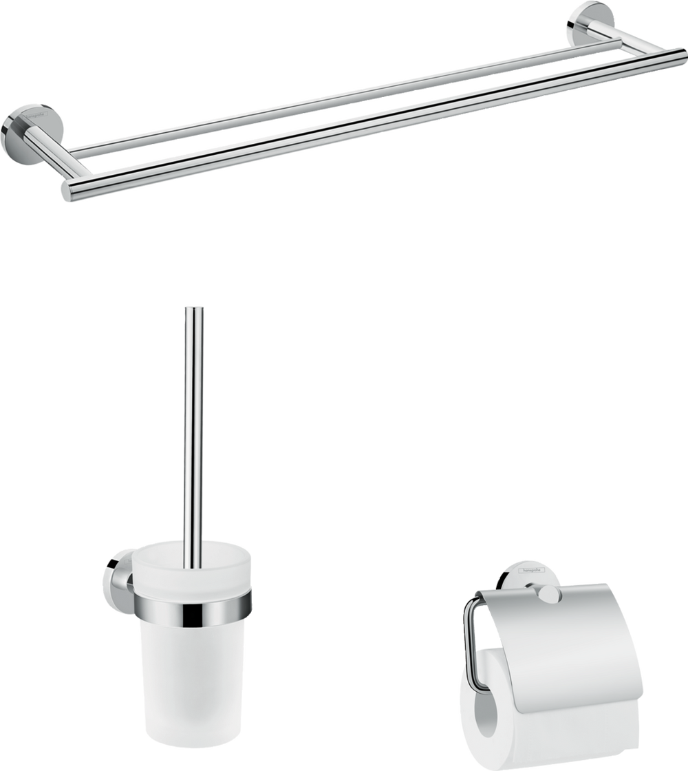 Hansgrohe Logis Universal 3-in-1 chrome bathroom accessory set with towel holder, toilet brush, and toilet paper holder
