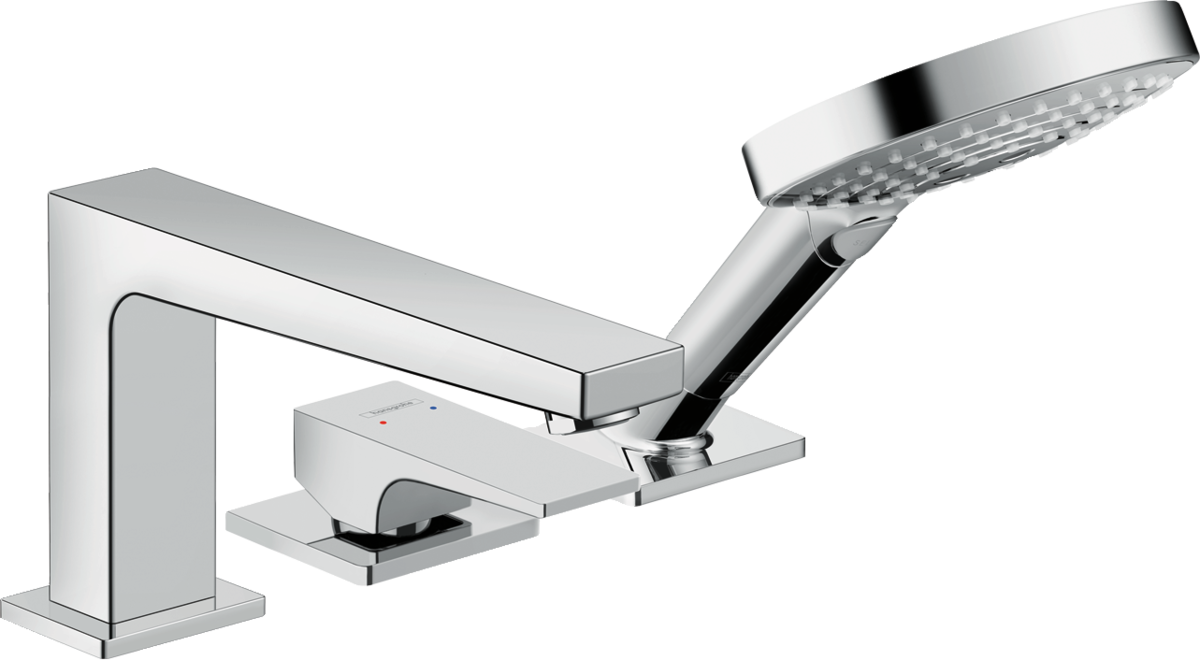 Hansgrohe Metropol 3-Hole Rim-Mounted chrome bath mixer with single lever handle and handheld showerhead