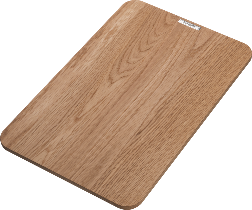 Hansgrohe F16 Cutting Board made of durable oak wood with large surface, non-slip design, and juice groove for kitchen use