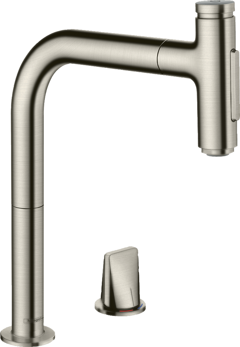 Hansgrohe Metris Select M71 2 - hole Single Lever Kitchen Mixer 200 With Pull - out Spray And Sbox 2 Spray Modes - Stainless Steel - 73818800 - TAP 'N' SHOWER