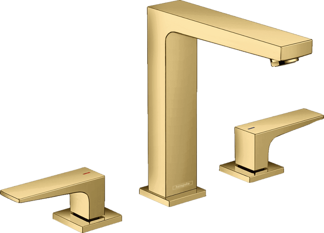Hansgrohe Metropol 3 - hole Basin Mixer 160 with Lever Handles and Push - open Waste - Polished Gold Optic - 32515990 - TAP 'N' SHOWER