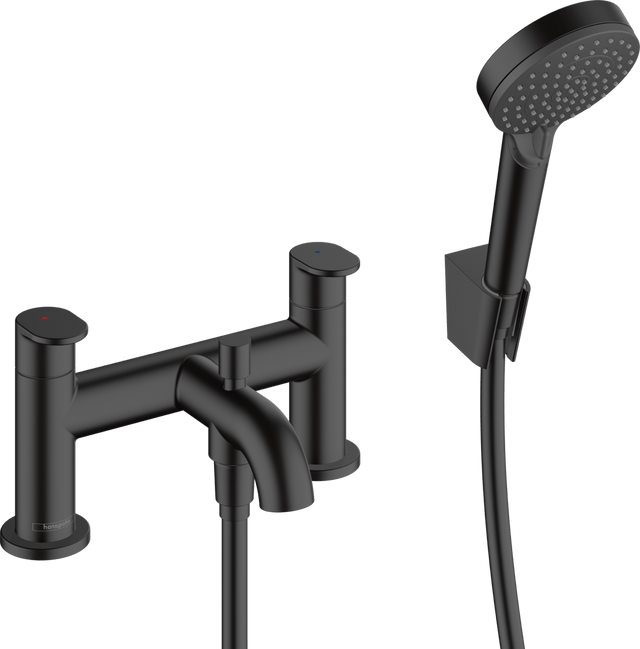 Hansgrohe Vernis Blend 2 - hole Rim Mounted Bath Mixer with Diverter Valve And Vernis Blend Hand Shower Vario - Matt Black - 71461670 - TAP 'N' SHOWER