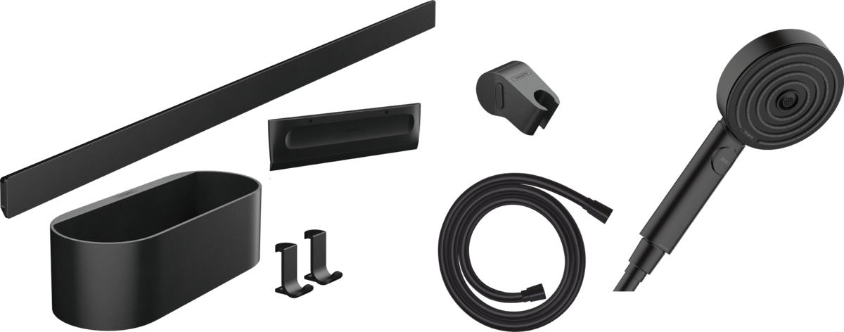 Hansgrohe Wallstoris Bundle Hand Shower 105 3jet Activation Ecosmart Wall Bar 700 mm And Storage Set - Matt Black - 24291670 - TAP 'N' SHOWER