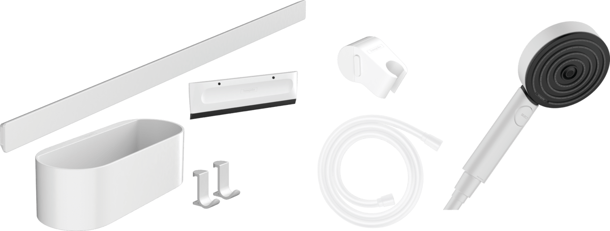 Hansgrohe Wallstoris Bundle Hand Shower 105 3jet Activation Ecosmart Wall Bar 700 mm And Storage Set - Matt White - 24291700 - TAP 'N' SHOWER