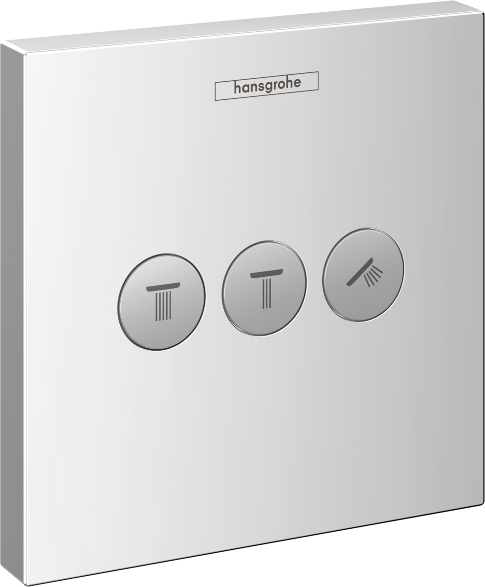 Hansgrohe ShowerSelect Valve chrome panel with three outlet control buttons for concealed shower installation