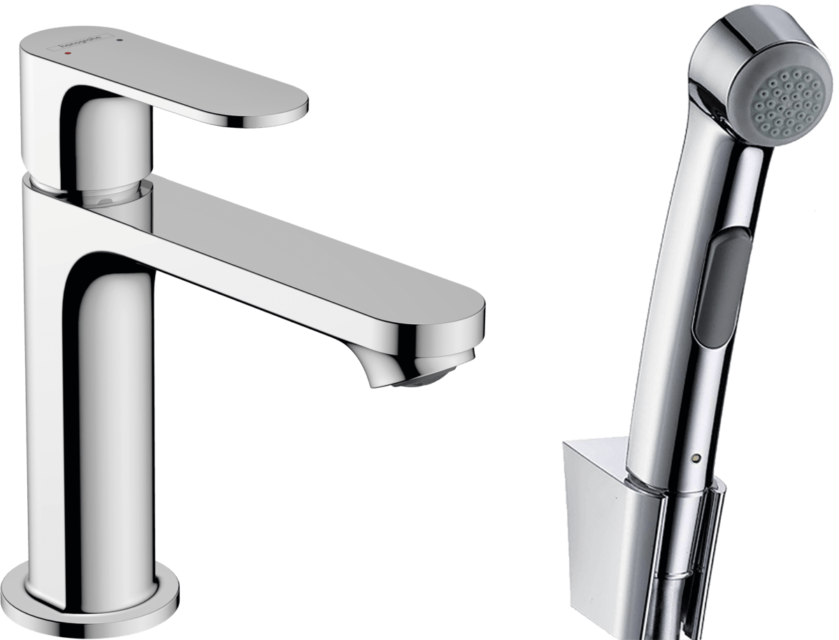 hansgrohe Rebris S Single lever basin mixer 110 with bidette hand shower and shower hose 1600mm without waste set - Chrome - 72215000 - TAP 'N' SHOWER