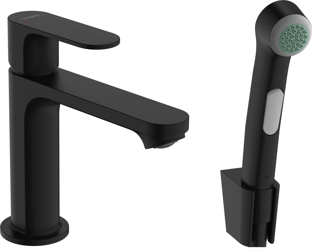 hansgrohe Rebris S Single lever basin mixer 110 with bidette hand shower and shower hose 1600mm without waste set - Matt Black - 72215670 - TAP 'N' SHOWER
