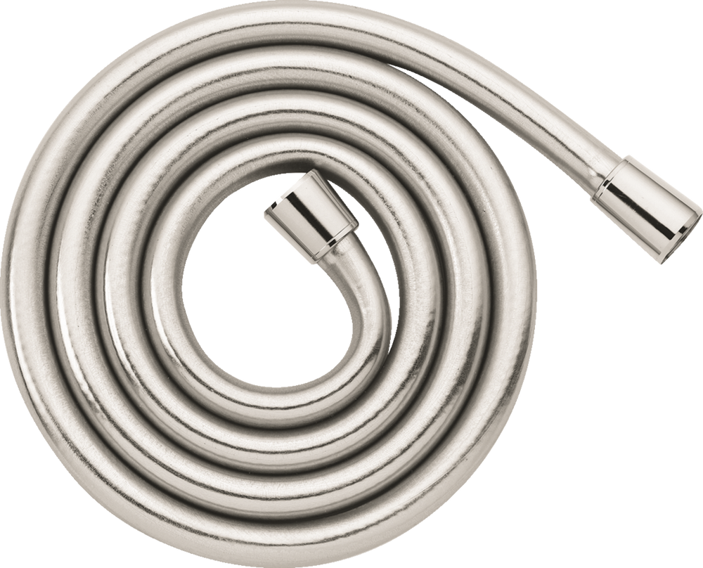 Hansgrohe Isiflex Shower Hose 2000 mm in polished nickel with pivot connectors and knurled nuts for flexible, tangle-free showering and easy installation.