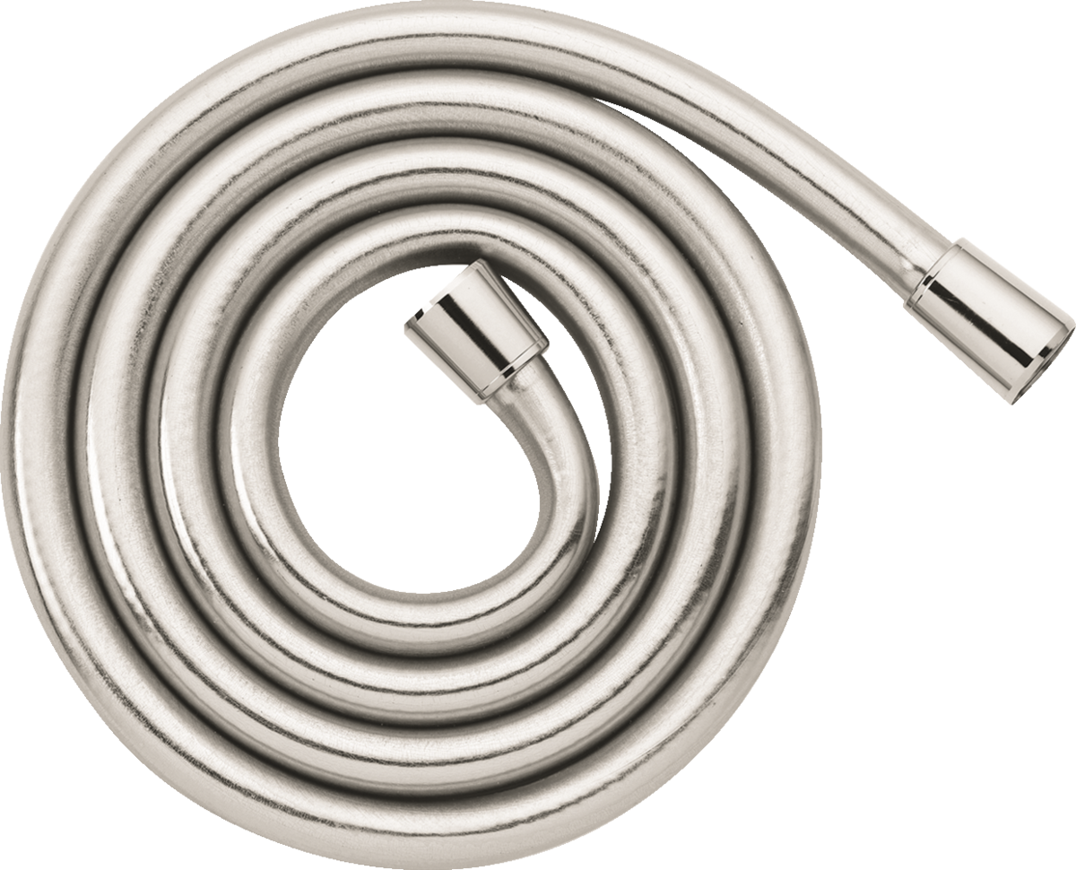 Hansgrohe Isiflex Shower Hose 2000 mm in polished nickel with pivot connectors and knurled nuts for flexible, tangle-free showering and easy installation.