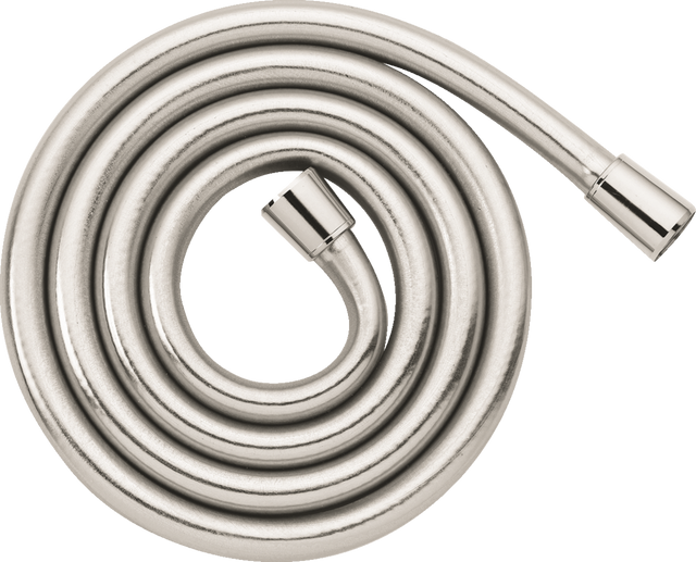 Hansgrohe Isiflex Shower Hose 2000 mm in polished nickel with pivot connectors and knurled nuts for flexible, tangle-free showering and easy installation.